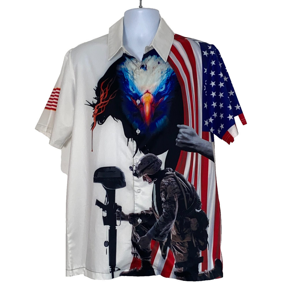 Shirt American By Birth Vet By Choice Mens M Patriotic Flag Button Up USA Eagle